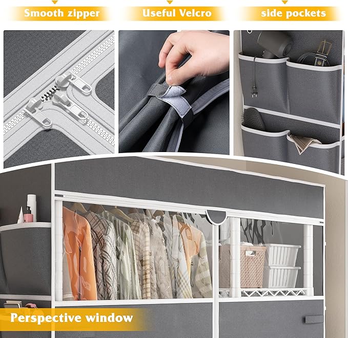 Raybee Clothes Rack with Cover Clothing Racks for Hanging Clothes Heavy Duty Portable Closet with Wheels，Rolling Garment Rack for Bedroom,White