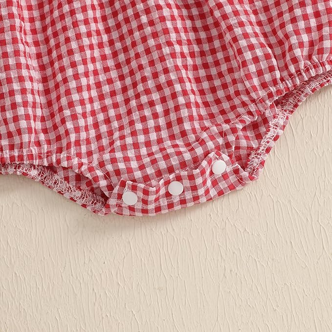 Baby Girl Smocked Western Romper Short Sleeve Bubble Rompers Summer Clothes Plaid Print Embroidery Bow Bodysuit Tops