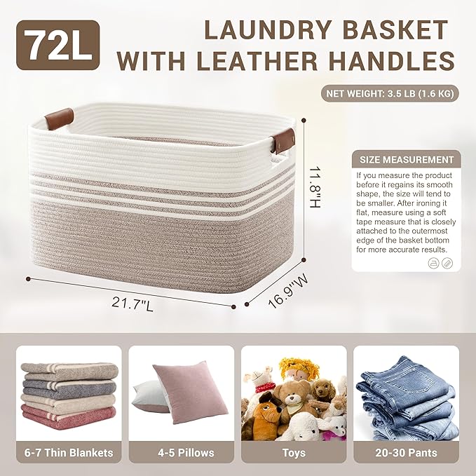 72L Large Laundry Basket with Leather Handles for Living Room Storage, Woven Rope Baskets Bin for Blanket, Kids Toy, Gifts, Wicker Hamper for Bedroom Dirty Clothes, 22"x17"x12" White Brown