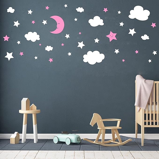 Crescent Moon Stars and Clouds Wall Decals Moon and Stars Nursery Wall Stickers Starry Sky Playroom Decor Kids Rooms Mural Kids Room Wall Art Y59 (White,Pink)