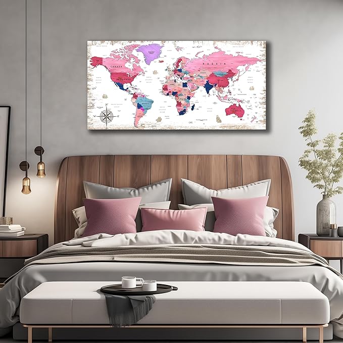 ZHAOSHOP Large World Map Canvas Wall-Art - Wall Decor For Girls Bedroom - Pink pictures Wall Decor Ready To Hang Size 59" x 29"