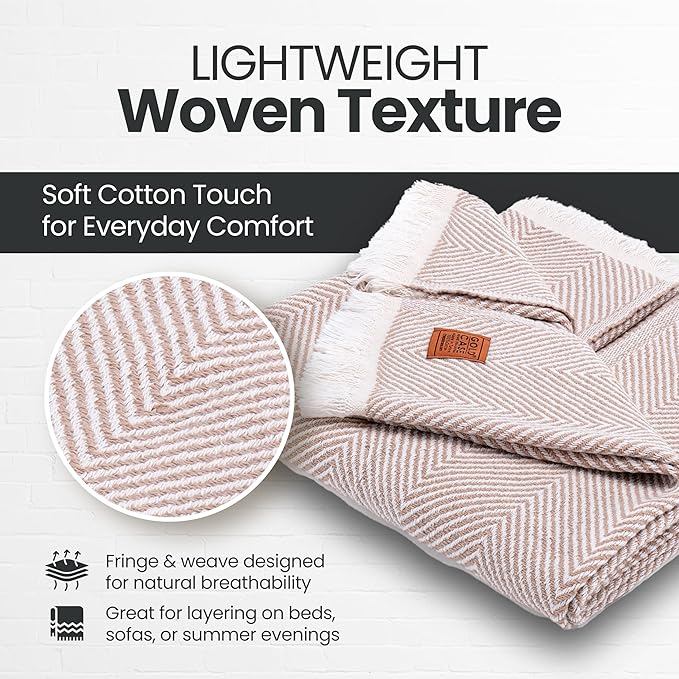 Gold Case Throw Blanket for Couch - 100% Recycled Turkish Cotton Blankets & Throws - Elegant Soft Throw Blankets for Living Room - Boho Decorative Woven Couch Blanket - 60x80 - Beige