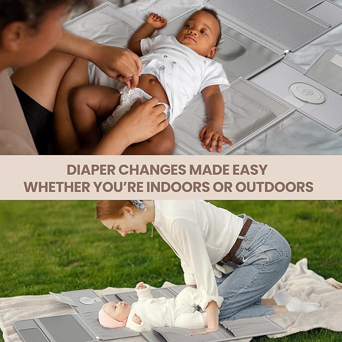 Portable Diaper Changing Pad - Large, Waterproof Travel Changing Pad for Baby with Extra Storage, Wipes Pocket & Pacifier Case - Portable Diaper Changing Station - Gray Striped