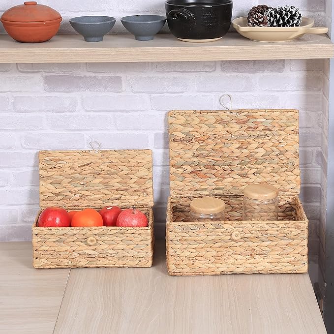 Set of 3 Wicker Storage Baskets with Lid, Large Rectangular Rattan Basket Decorative Boxes, Natural Water Hyacinth Wicker Basket for Shelf Organizer, Nursery Room