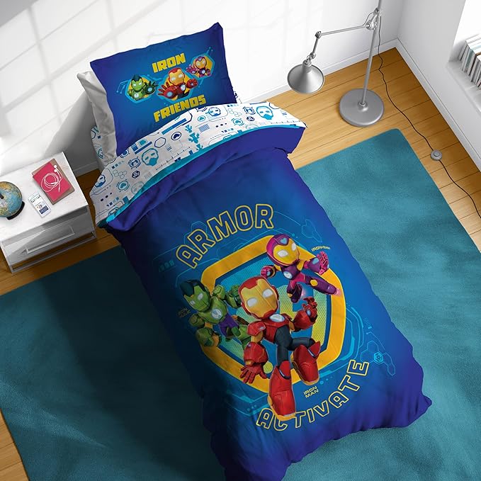 Sunny Side Up Kids Comforter Set Includes Sheets and Pillow Covers - Soft and Cozy Bed Set for Stylish Room Decor, Blue - Iron Man and His Awesome Friends, 5 Piece Twin Size Bedding