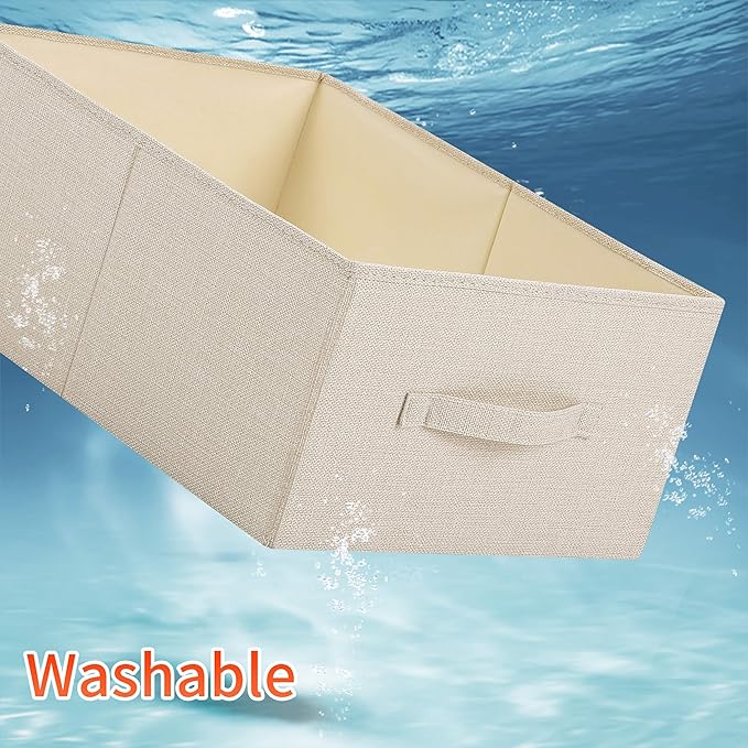 Linen Folding Storage Bins, 3 Pack Large Storage Baskets, Washable, Clothing Storage Bins with Handle, Closet Organizer for Storage Sweater,Sheets (Beige, 16"x9½"x6¾")