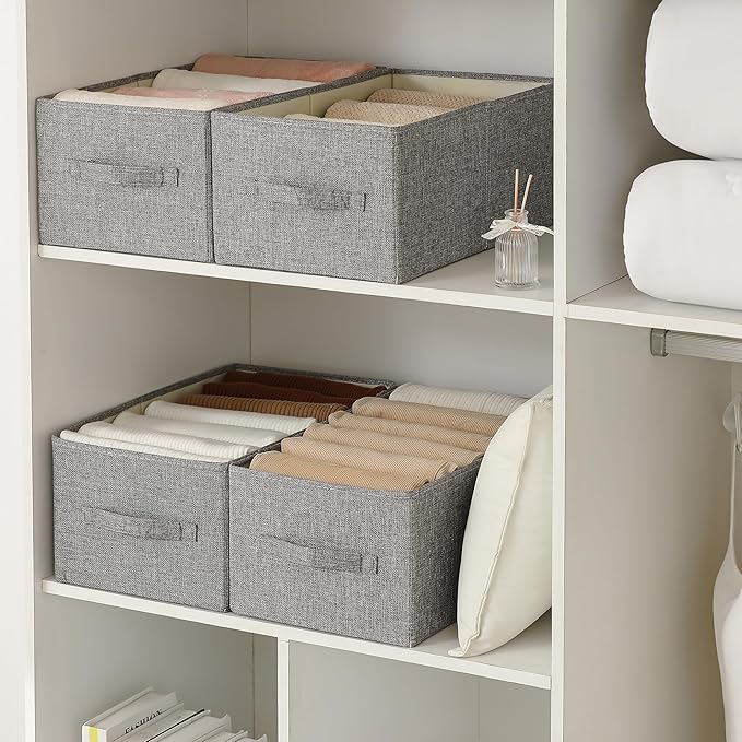 Linen Folding Storage Bins, 3 Pack Large Storage Baskets, Washable, Clothing Storage Bins with Handle, Closet Organizer for Storage Sweater,Sheets(dark grey, 18½"x11" x8½")