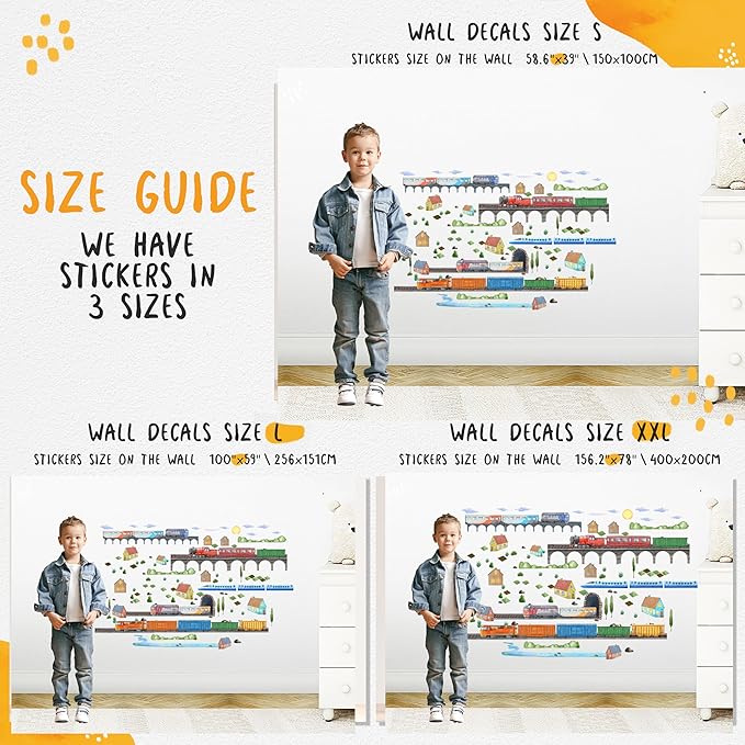Train Wall Decals for Kids by Lipastick - Educational Railroad Wall Stickers for Boys and Girls - Peel and Stick Locomotive, Carriage, Wagon Wall Decals for Nursery, Playroom, Bedroom Decor -L Size