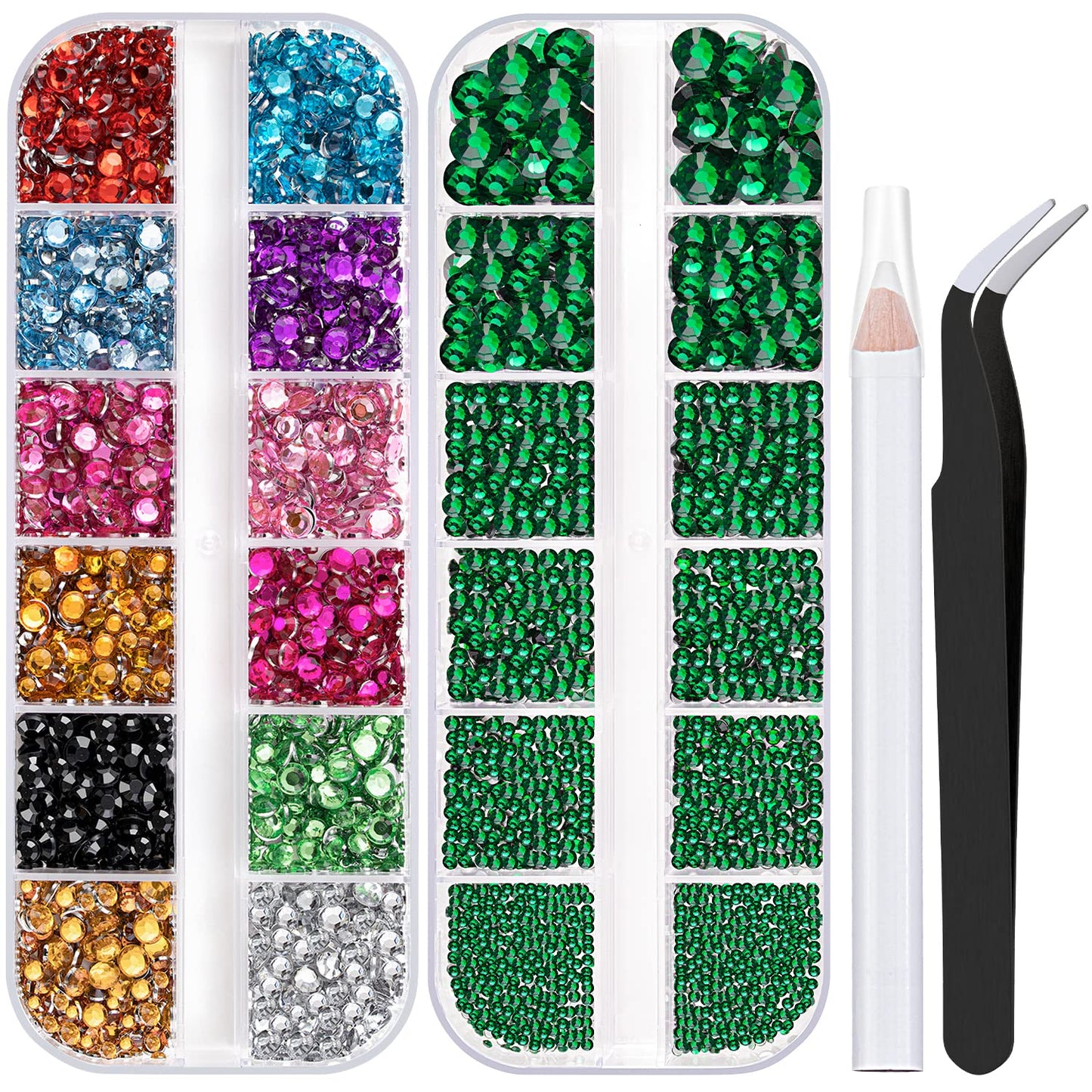 Two Packs of Flatback Rhinestones 4520 Pcs Colorful Nail Art Rhinestones Flatback Crystal Colorful+Dark Green Rhinestone with Picker Pencil and Tweezer for Nail Art and Decoration