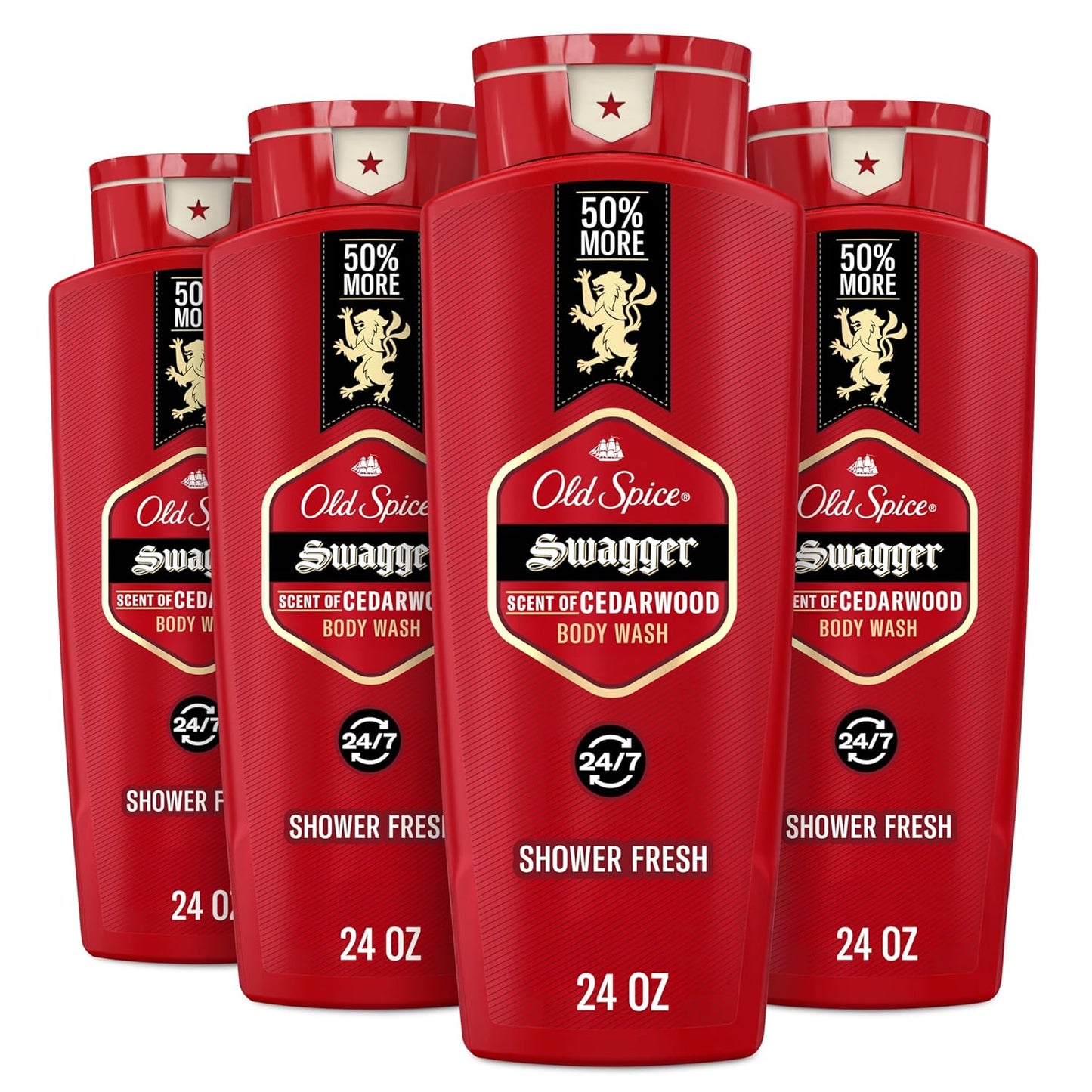 Old Spice Refreshing Body Wash for Men, 3X Defense, 24/7 Shower Fresh with Long Lasting Scent, Red Collection, Swagger with Cedarwood Scent, 24 oz (Pack of 4)