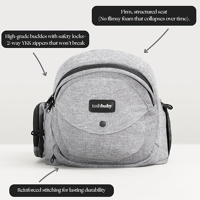 Tushbaby Ergonomic Hip Seat Carrier- for Babies and Toddlers 0-3yrs, Safety Approved, Structured Support, Convenient Pockets, Feeding Aid, Durable YKK Zippers, Foam-Free Build, (Grey)