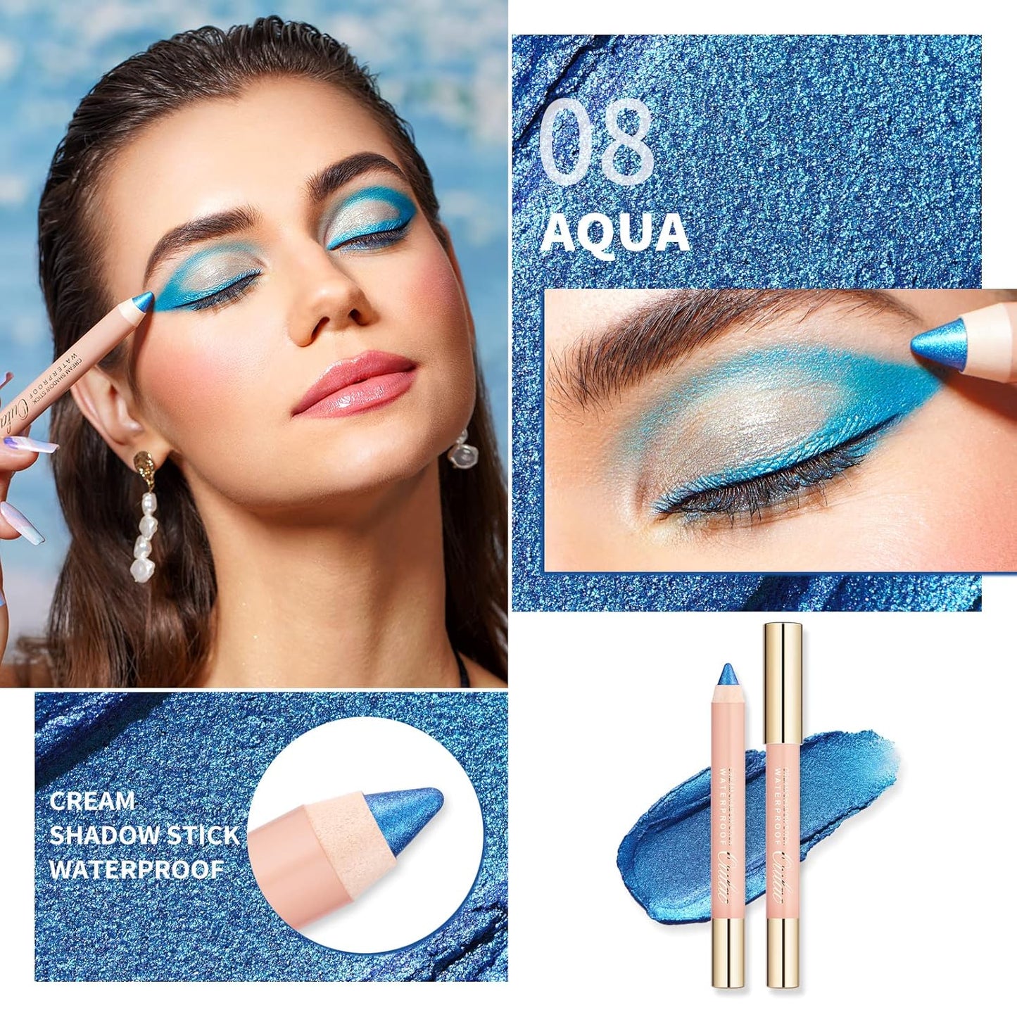 Oulac Shimmer Blue Eyeshadow Stick - Highly Pigmented Eye Shadow Pencil Waterproof & Long Lasting, Shimmering Glitter Finish, Blendable Eyes Makeup, Vegan Beauty 3.8g, (08) Aqua