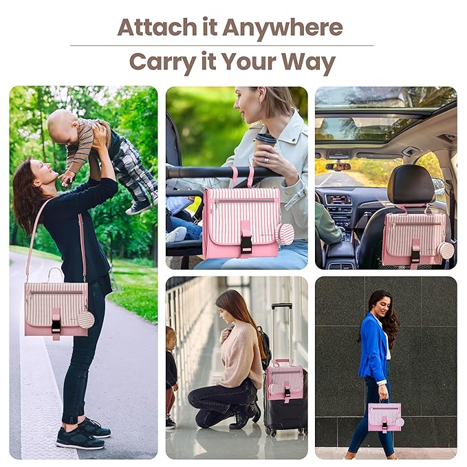 Portable Diaper Changing Pad - Large, Waterproof Travel Changing Pad for Baby with Extra Storage, Wipes Pocket & Pacifier Case - Portable Diaper Changing Station - Pink Striped