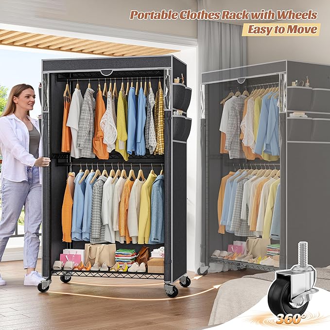 Raybee Rolling Clothes Rack with Cover Clothing Racks for Hanging Clothes Heavy Duty Portable Closet with Wheels Garment Rack 35.5" W*15.7" D*79 "H Black