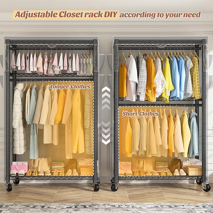 Raybee Rolling Clothes Rack with Cover Clothing Racks for Hanging Clothes Heavy Duty Portable Closet with Wheels Garment Rack 35.5" W*15.7" D*79 "H Black