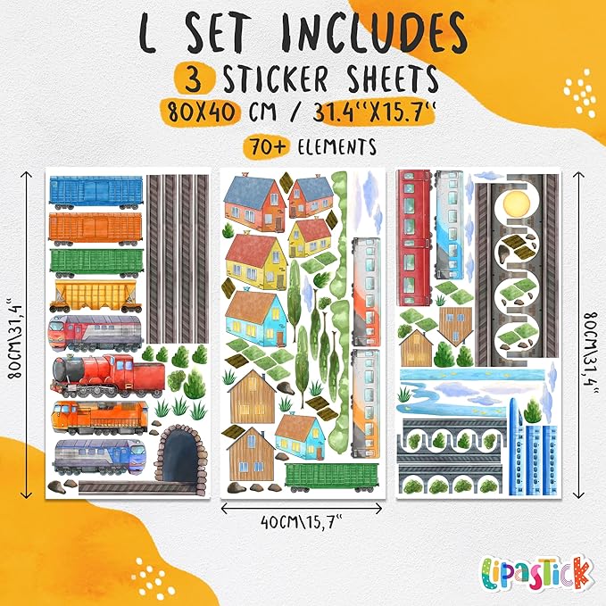Train Wall Decals for Kids by Lipastick - Educational Railroad Wall Stickers for Boys and Girls - Peel and Stick Locomotive, Carriage, Wagon Wall Decals for Nursery, Playroom, Bedroom Decor -L Size