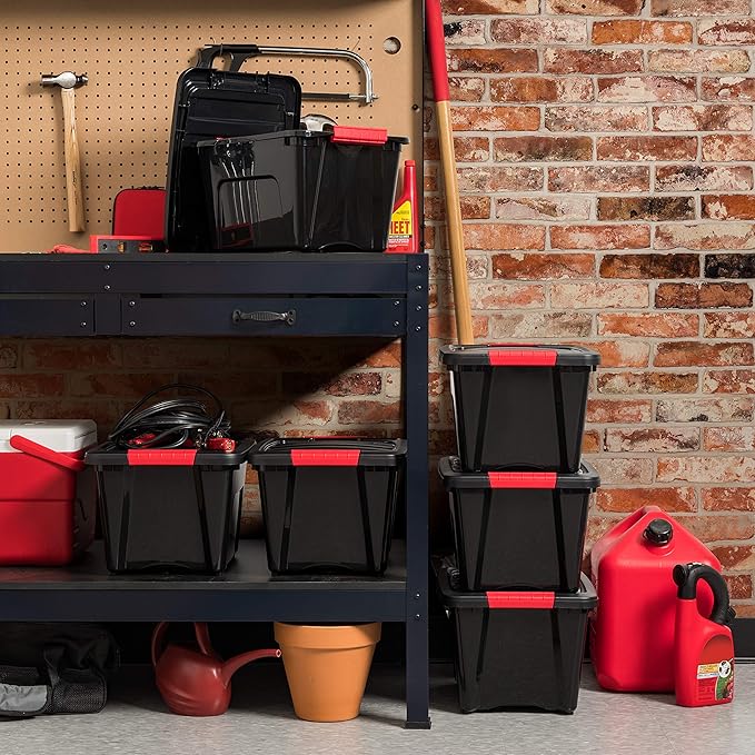 IRIS USA 19 QT Plastic Storage Box with Lid and Latches - 6 Pack - BPA-Free, Garage Organizing Solution, Durable Nestable Stackable Containers, Secure Pull Handle - Black