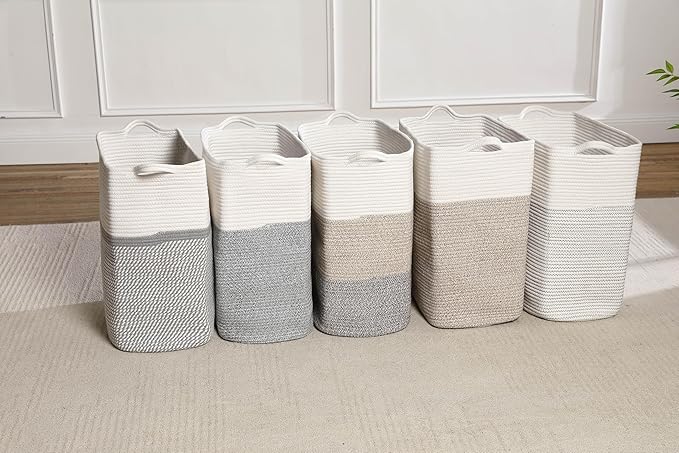 Tall Laundry Basket With Handles,Woven Cotton Rope Big Laundry Hamper Sorters,Versatile Storage for Dirty Clothes,Baby Toys,and Blankets in Bathroom, Nursery,and Living Room (White/Black Line, 68L)