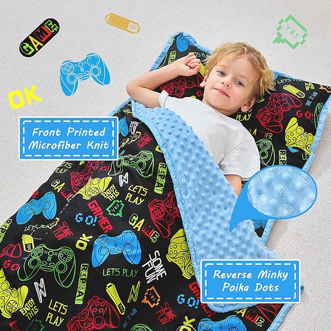 Toddler Nap Mat with Pillow and Blanket, Extra Large Rolled Napping Mats,Slumber Bags for Boys Girls,Kids Sleeping Bag for Daycare, Preschool Travel Camping