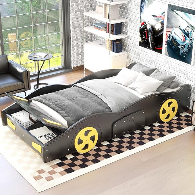 SOFTSEA Twin Car-Shaped Platform Bed with Storage and Wheels, Twin Race Car Bed Frames with Storage for Kids, No Box Sping Needed, Black+Yellow