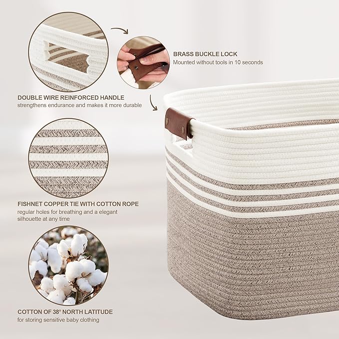 45L Small Laundry Basket with Leather Handles for Living Room Storage, Woven Rope Baskets Bin for Blanket, Kids Toy, Gifts, Wicker Hamper for Bedroom Dirty Clothes, 18"x14"x11" White Brown