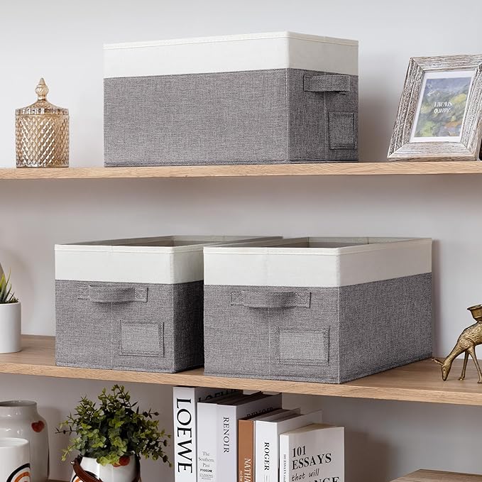 GRANNY SAYS Fabric Storage Bins, Closet Storage Bins for Clothes, Shelf Storage Baskets with Handles, Collapsible Storage Boxes, Decorative Storage Containers, Gray and White, Large, 3-Pack