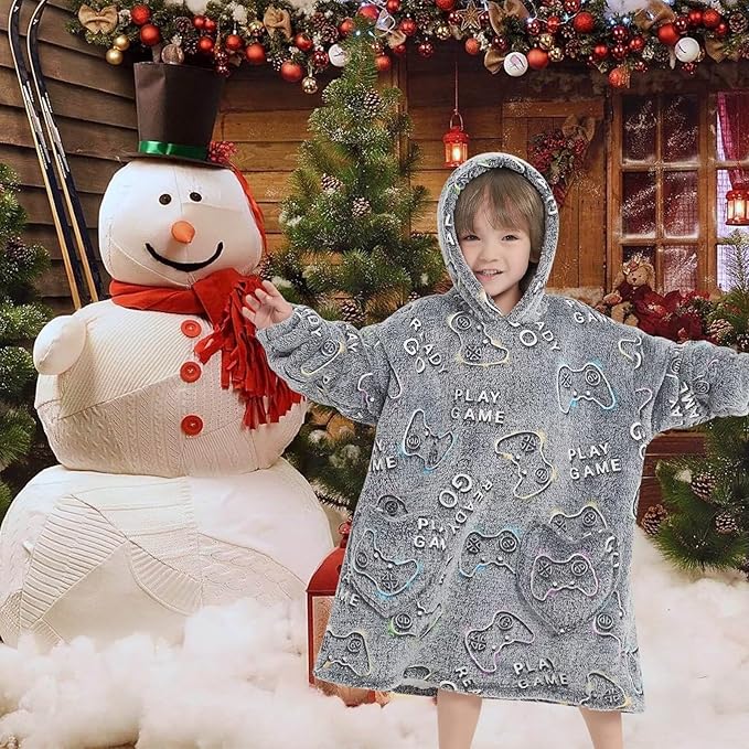 Fiosnow Glow in the Dark Game Controller Blanket Hoodies for Kids Toddler 2-6YR Oversize Wearable Blanket Hoodies for Boys Girls