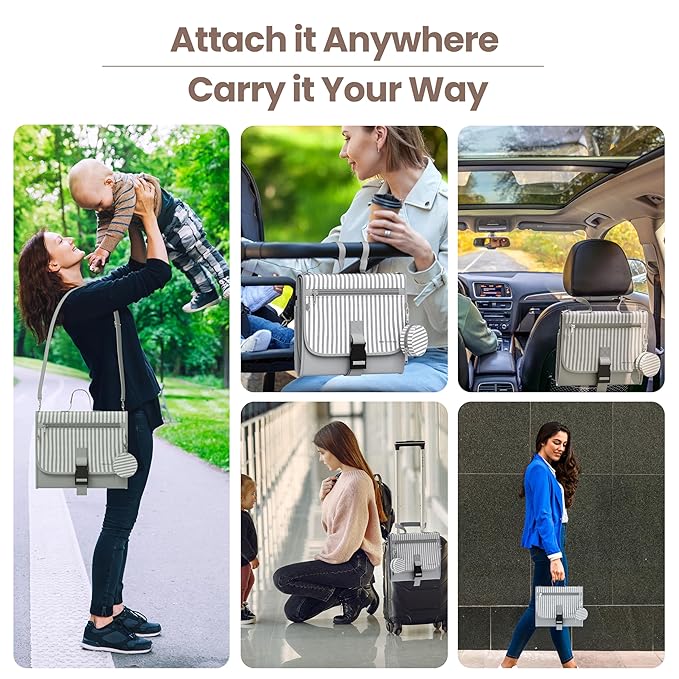 Portable Diaper Changing Pad - Large, Waterproof Travel Changing Pad for Baby with Extra Storage, Wipes Pocket & Pacifier Case - Portable Diaper Changing Station - Gray Striped