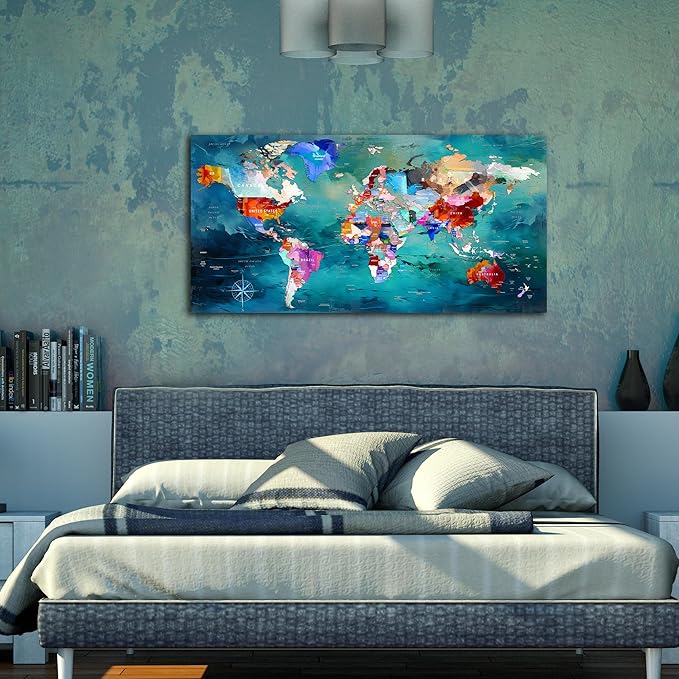 ZHAOSHOP World Map Canvas Wall Art for Living Room - Teal Wall Decor - Office Artwork Wall Decor Ready to Hang Size 29" x 59"