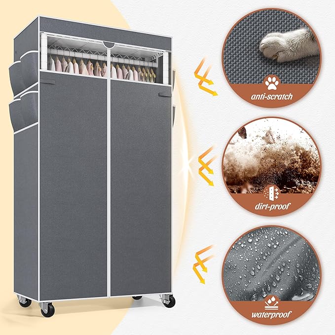 Raybee Rolling Clothes Rack with Cover Clothing Racks for Hanging Clothes Heavy Duty Portable Closet with Wheels Garment Rack 35.5" W*15.7" D*79 "H White