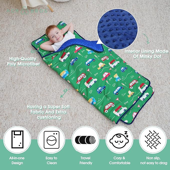ACRABROS Toddler Nap Mat with Pillow and Blanket, Extra Large Rolled Napping Mats,Slumber Bags for Boys Girls,Kids Sleeping Bag for Daycare, Preschool Travel Camping,Car