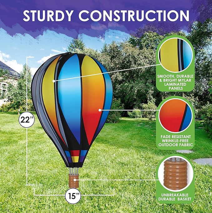 Hot Air Balloon Hanging Garden Spinner 22" - Vibrant Sunset Gradient Design, Weather-Resistant Outdoor Decor, Durable & Lightweight for Patios, Yards, and Gardens - Eye-Catching Wind Spinner