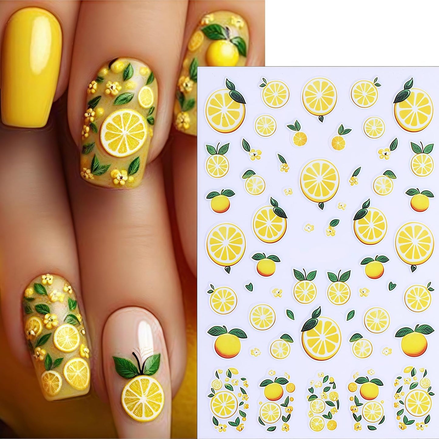 Summer Fruit Nail Art Stickers 3D Self-Adhesive Lemon Strawberry Blueberry Summer with Flower Design Decals Cute Fruit Sticker for Nails Women DIY Manicure Decorations 8 Sheets