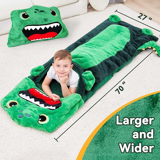 iPlay, iLearn Kids Dinosaur Sleeping Bag, Toddler Boys Dinos Nap Mat, Plush Animal Slumber Bag, 2 In 1 Daycare Preschool Kindergarten Birthday Gift Travel Sleepover for 3 4 5 6 7 8 10 12 Yr Child Teen