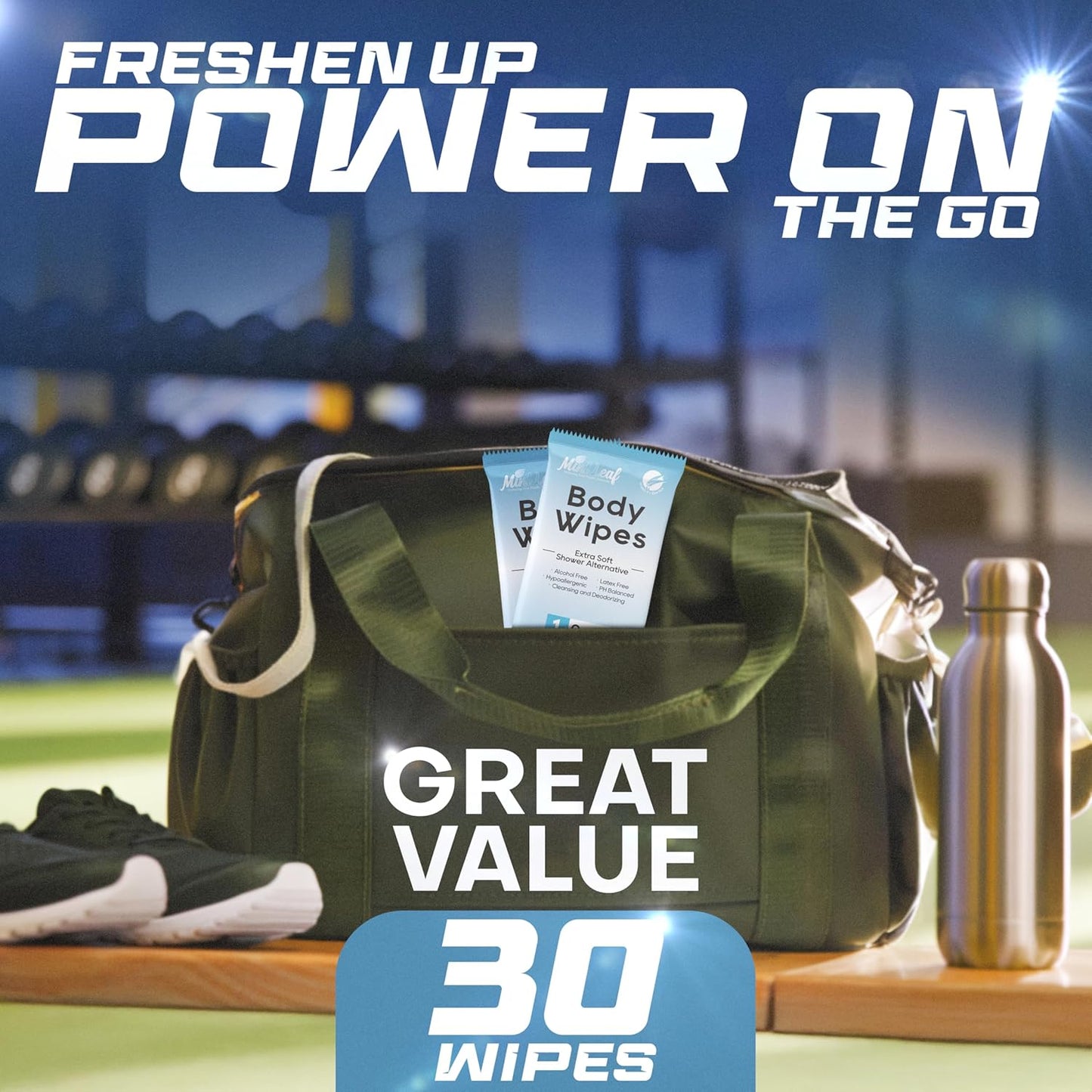 XL Deodorizing Body Wipes | Men's Extra Soft Washcloths Shower Alternative | Great for Workout Travel Gym Camping | 30 Individually Wrapped Shower Wipes | with Vitamin E Aloe Scent