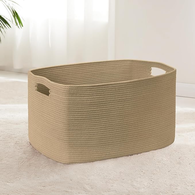 72L Large Wicker Laundry Basket for Living Room Storage,Boho Woven Cotton Rope Baskets for Kids Toy,Gifts,Square Blanket Hamper for Bedroom Dirty Clothes,Jute
