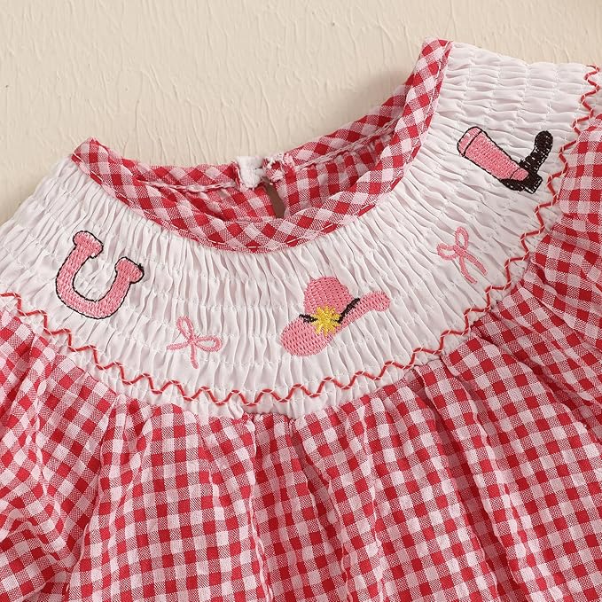 Baby Girl Smocked Western Romper Short Sleeve Bubble Rompers Summer Clothes Plaid Print Embroidery Bow Bodysuit Tops