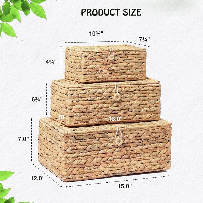 Set of 3 Wicker Storage Baskets with Lid, Large Rectangular Rattan Basket Decorative Boxes, Natural Water Hyacinth Wicker Basket for Shelf Organizer, Nursery Room