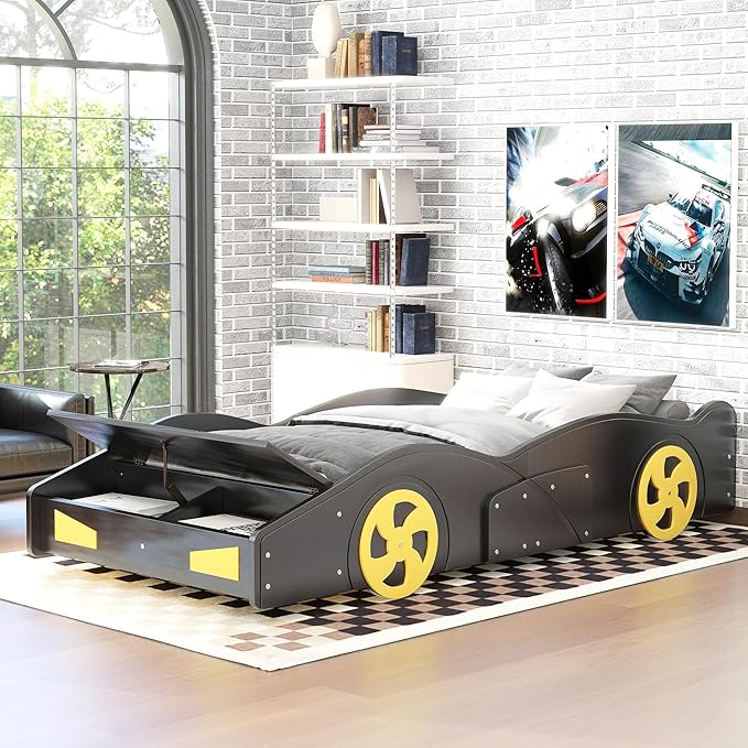SOFTSEA Twin Car-Shaped Platform Bed with Storage and Wheels, Twin Race Car Bed Frames with Storage for Kids, No Box Sping Needed, Black+Yellow