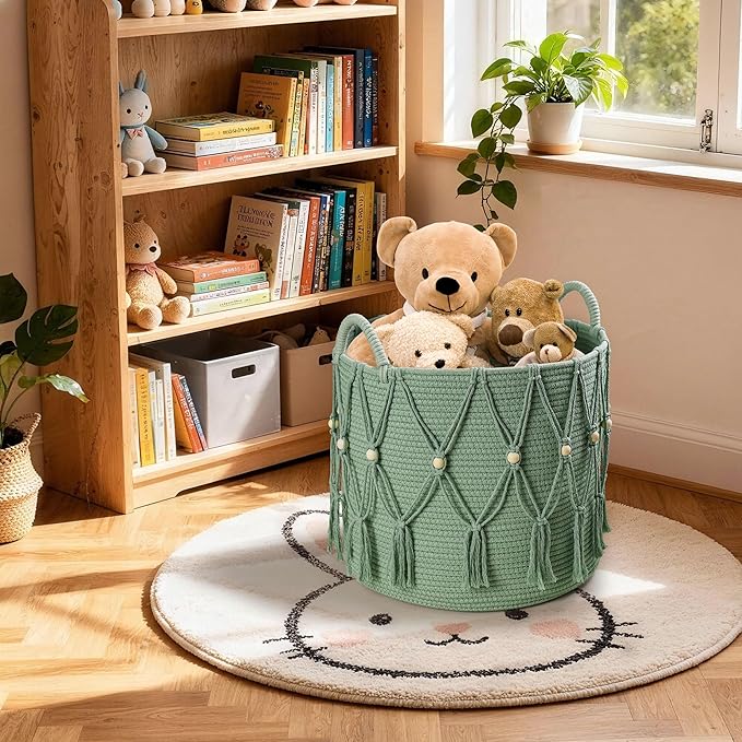 Blanket Basket for Living Room Decor Storage Basket for Toy Organizer Boho Decor Baskets for Modern Farmhouse Decor Small Laundry Basket for Bedroom and Laundry Room Organization,Green