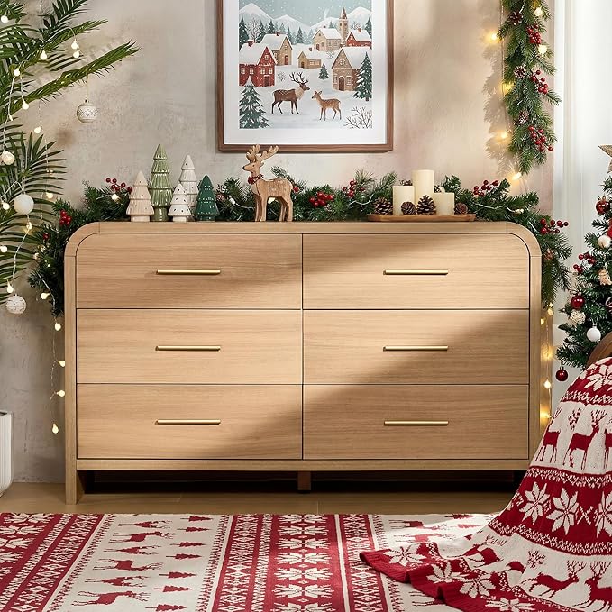 Curved 6-Drawer Dresser for Bedroom, 54" Wide Modern Chest of Drawers, Vanity Desk TV Stand for Living Room, Closet Storage Drawers Organizer Furniture, Nursery, Hallway, Oak