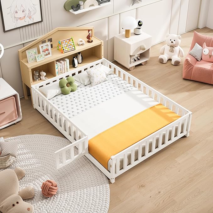 Headboard Storage Cabinet for Full-Size Montessori Floor Bed Natural,Freely Collocation