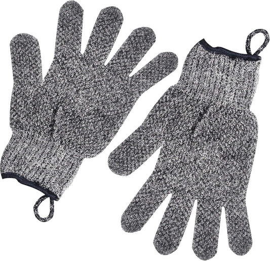 Exfoliating Gloves with Hanging Loop - 1 Pair Bamboo Charcoal Bath/Shower Gloves, Bath Gloves for Shower Exfoliating and Ingrown Hair/Dead Skin Remover - Bamboo Charcoal - Exfoliator Mitt Scrub Gloves
