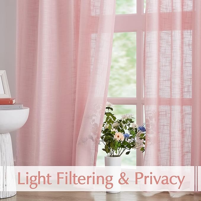 FMFUNCTEX Linen Semi Sheer Curtains for Bedroom, Blush Pink Curtains 72 Inch Length for Living Room, Country Farmhouse Sheer Drapes, Light Filtering Window Curtain, Grommet Top 2 Panels