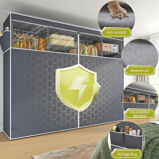 Raybee Clothes Rack with Cover Heavy Duty Clothing Racks for Hanging Clothes Adjustable Metal Portable Closet for Bedroom 77.9" W x 15.7" D x 76.8" H Black