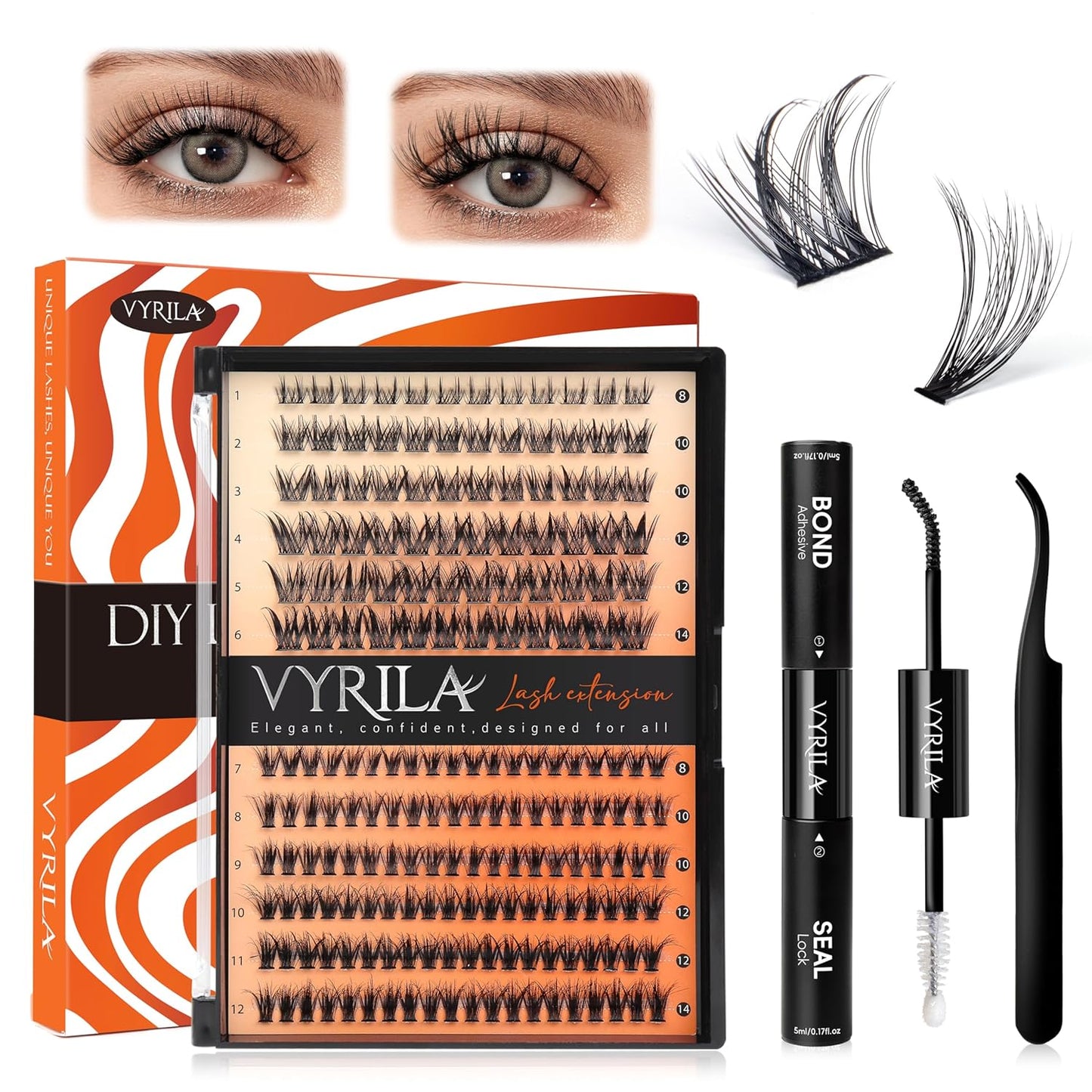 Lash Clusters Kit-VYRILA 0.07mm Wispy 8-14mix C Curl Eyelash Clusters with Lash Bond and Seal Waterproof, Eyelash Tweezers (30P+S05 KIT 192pcs-8-14mix)