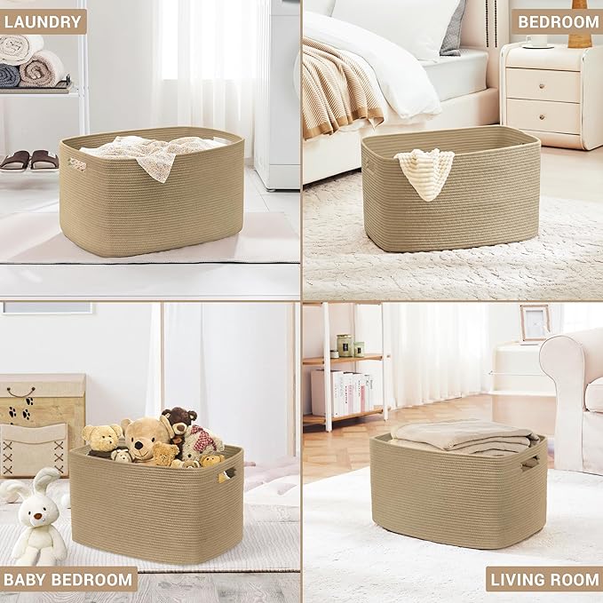 45L Small Wicker Laundry Basket for Living Room Storage,Cute Boho Woven Cotton Rope Baskets for Kids Toy,Gifts,Square Blanket Hamper for Bedroom Dirty Clothes,Jute
