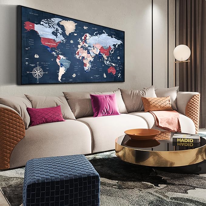 ZHAOSHOP World Map Wall Art for Living Room - Blue Wall Decor for Office - Large Framed Canvas Wall Art Ready to Hang Size 29" x 59"