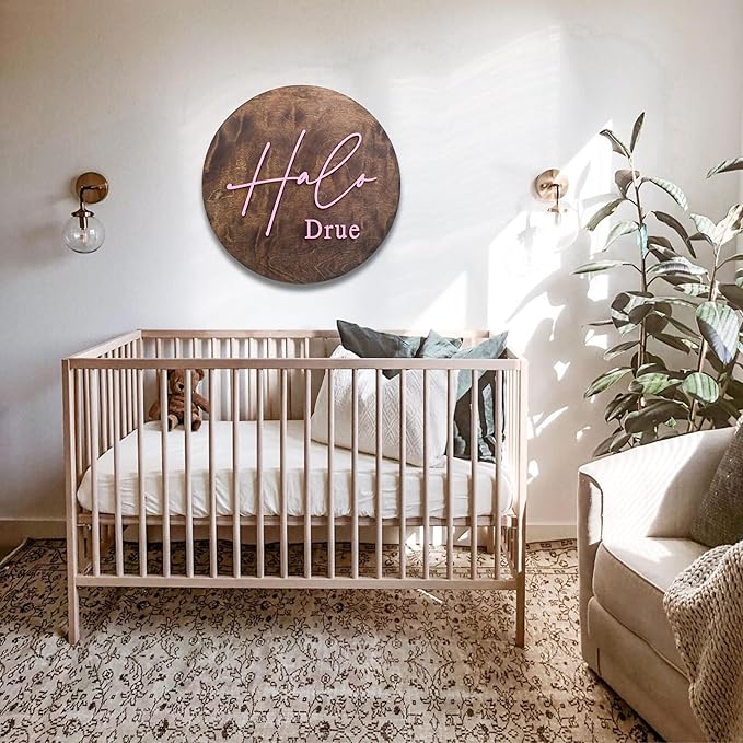 Custom Round Nusery Name Sign, Personalized 3D Baby Name Announcement Sign, Personalized Wooden Wall Plaque, 3D Wall Art for Children & Kids Rooms, Family Name Signs, 30 Colors (Design 5)