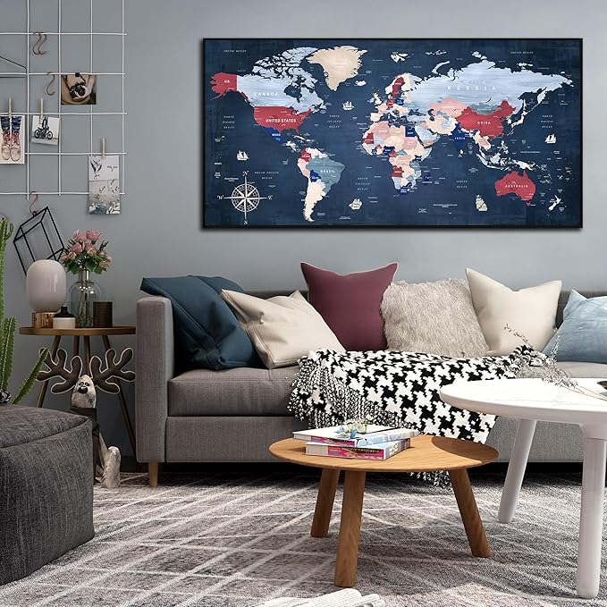 ZHAOSHOP World Map Wall Art for Living Room - Blue Wall Decor for Office - Large Framed Canvas Wall Art Ready to Hang Size 29" x 59"